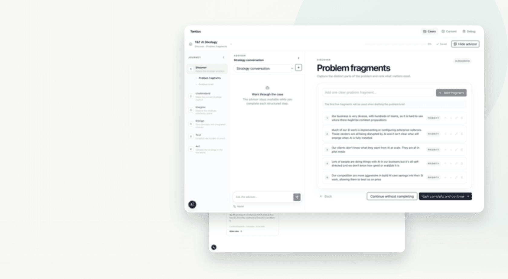 A softened preview of the Tantiss strategy workspace interface